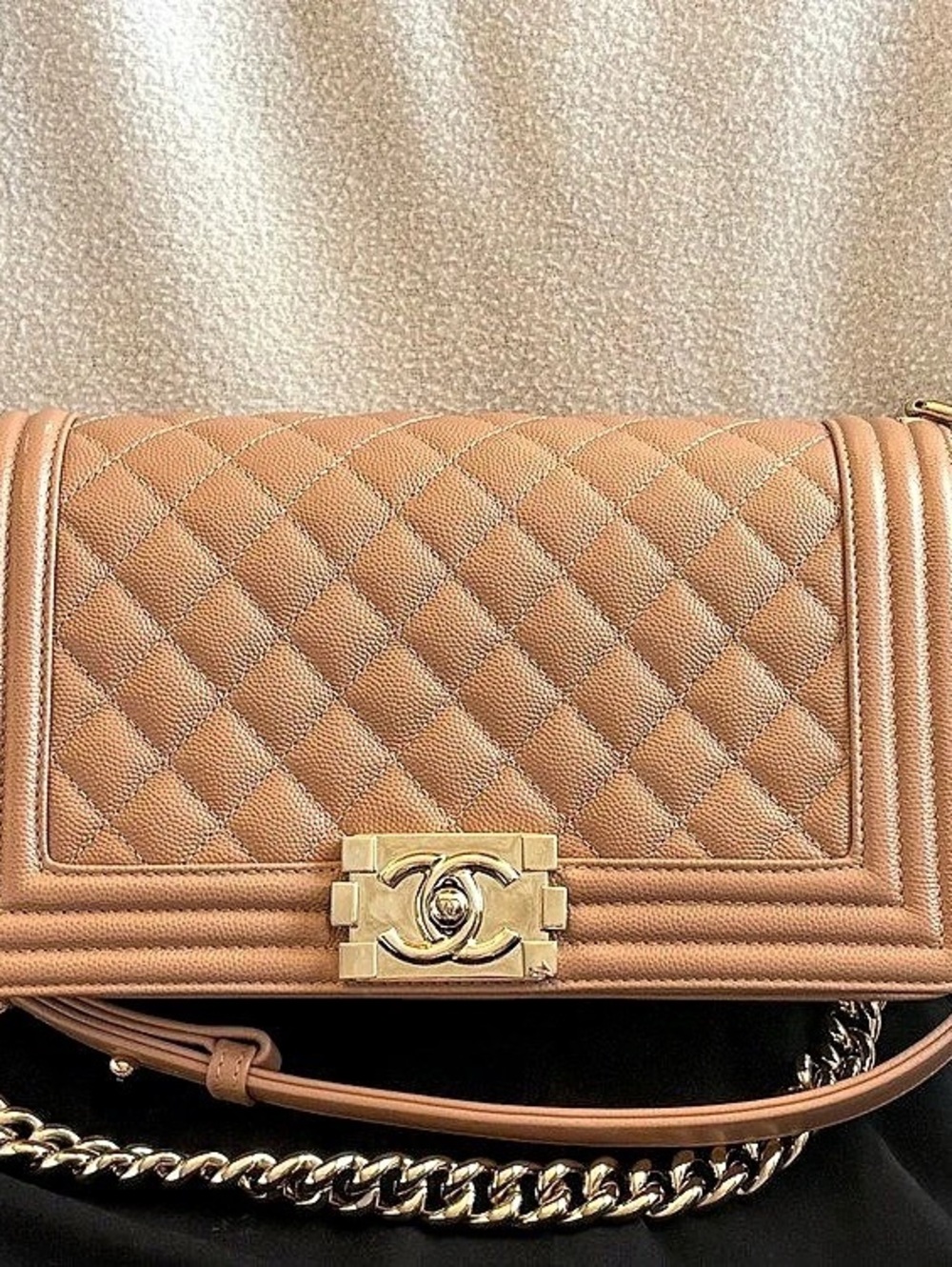 Peach Chanel Old Medium Quilted Caviar Boy Bag with Light Gold Hardware